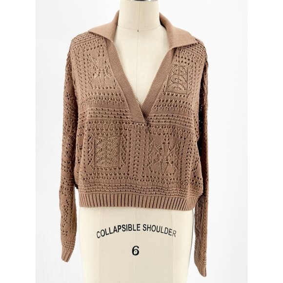 INTERMIX Suki Pointelle Knit Polo Sweater in Tan S - Picture 2 of 11